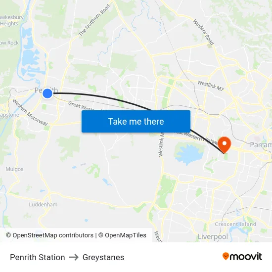 Penrith Station to Greystanes map