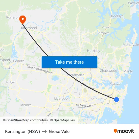 Kensington (NSW) to Grose Vale map