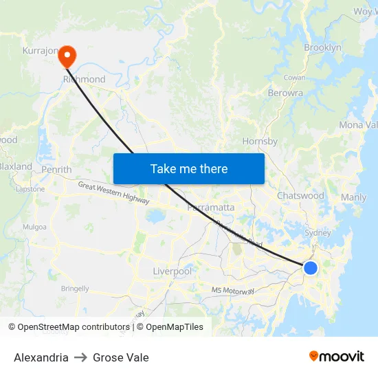 Alexandria to Grose Vale map