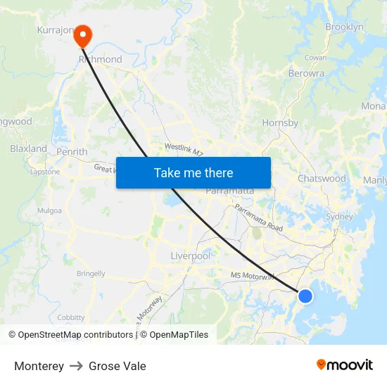 Monterey to Grose Vale map
