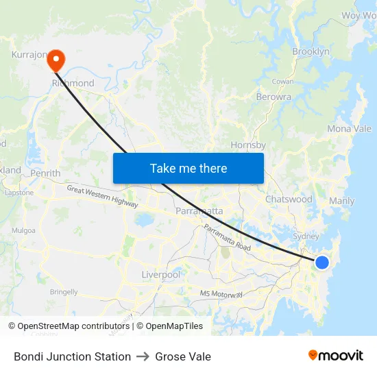 Bondi Junction Station to Grose Vale map