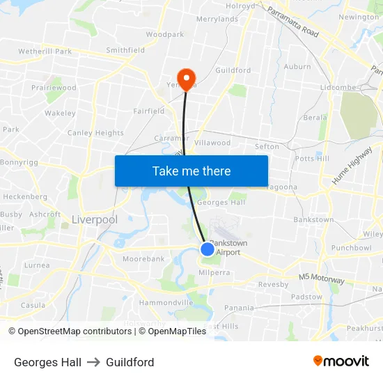 Georges Hall to Guildford map