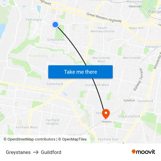 Greystanes to Guildford map