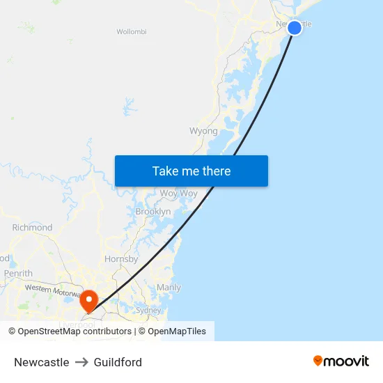Newcastle to Guildford map