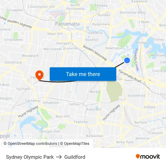 Sydney Olympic Park to Guildford map