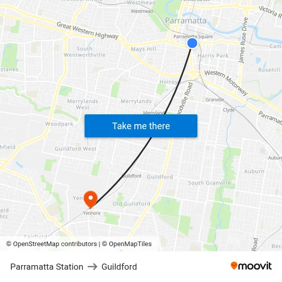 Parramatta Station to Guildford map