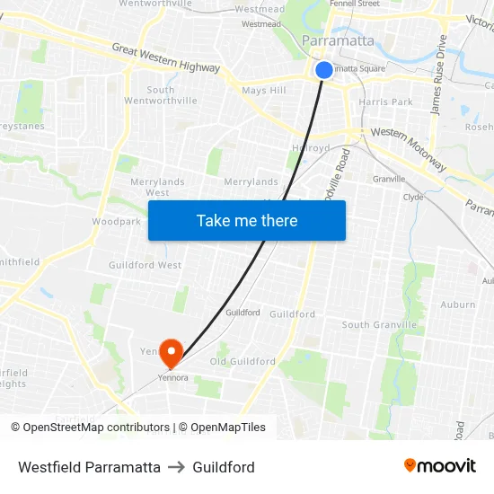 Westfield Parramatta to Guildford map