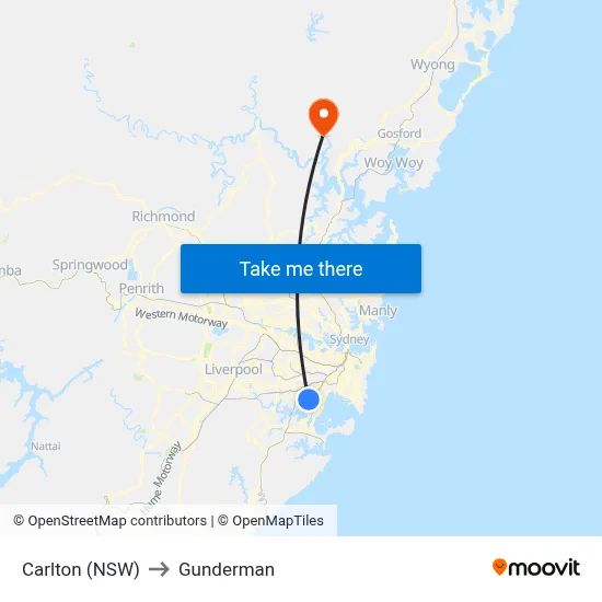 Carlton (NSW) to Gunderman map