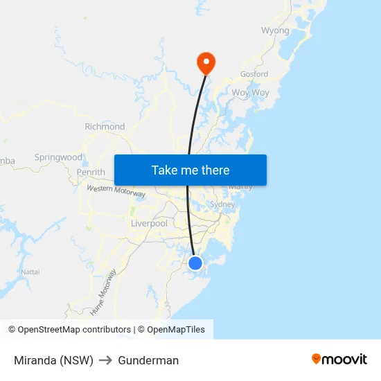 Miranda (NSW) to Gunderman map