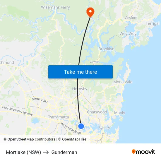 Mortlake (NSW) to Gunderman map