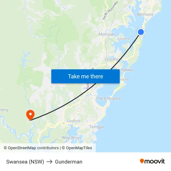 Swansea (NSW) to Gunderman map