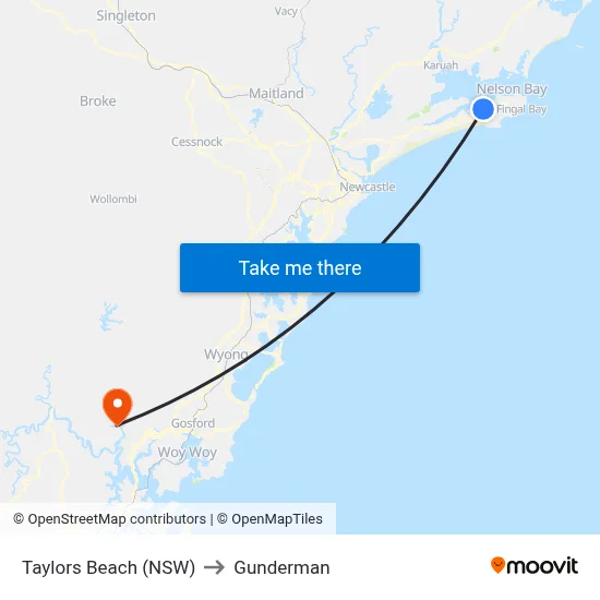 Taylors Beach (NSW) to Gunderman map