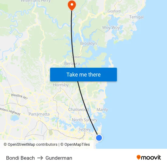 Bondi Beach to Gunderman map