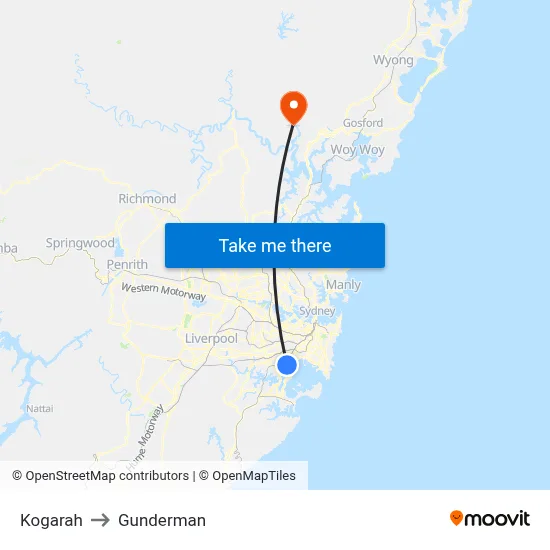 Kogarah to Gunderman map