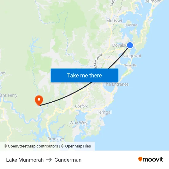 Lake Munmorah to Gunderman map