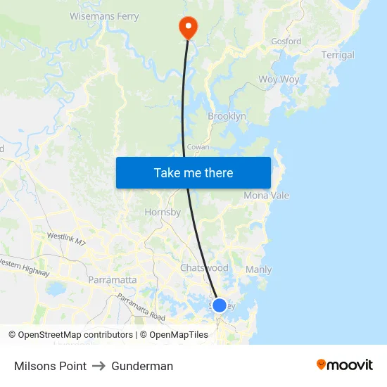 Milsons Point to Gunderman map