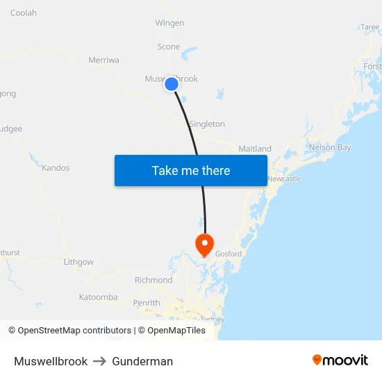 Muswellbrook to Gunderman map