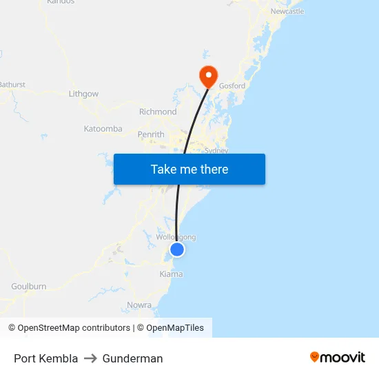 Port Kembla to Gunderman map