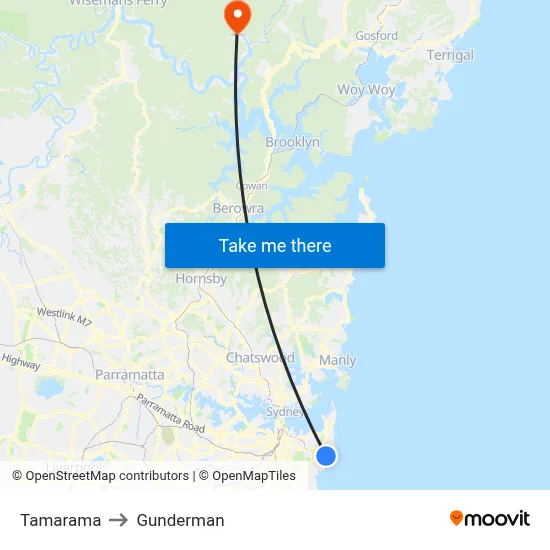 Tamarama to Gunderman map