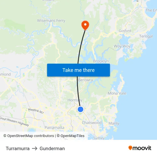 Turramurra to Gunderman map