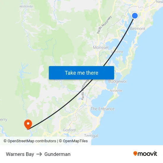 Warners Bay to Gunderman map