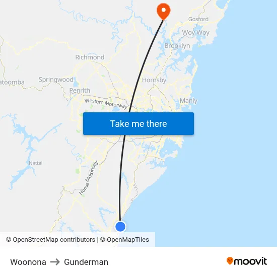Woonona to Gunderman map