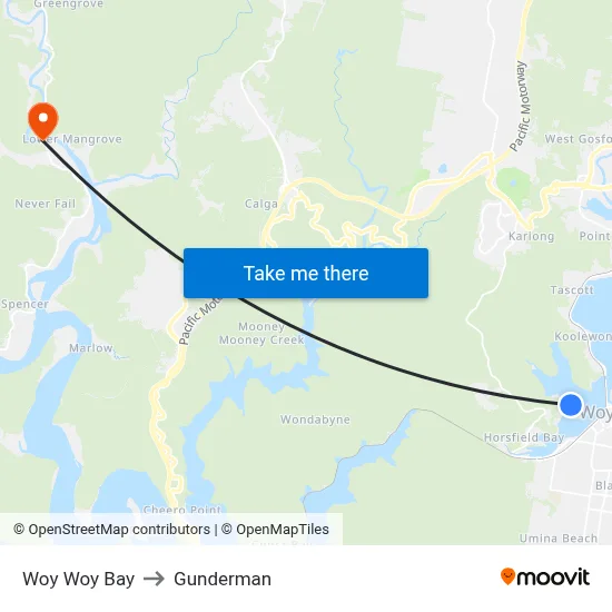 Woy Woy Bay to Gunderman map