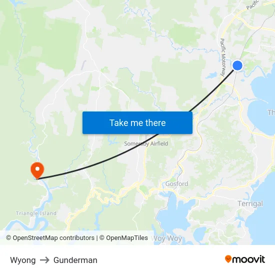 Wyong to Gunderman map