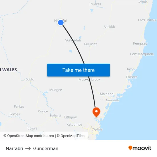 Narrabri to Gunderman map