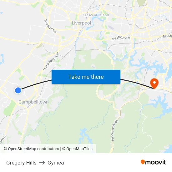 Gregory Hills to Gymea map