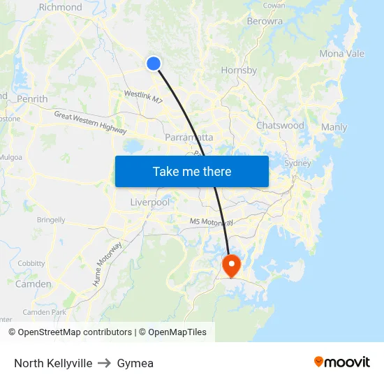 North Kellyville to Gymea map