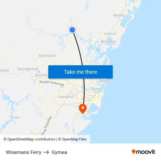 Wisemans Ferry to Gymea map