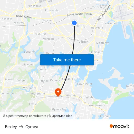 Bexley to Gymea map