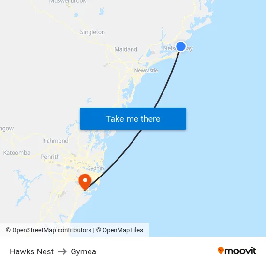 Hawks Nest to Gymea map
