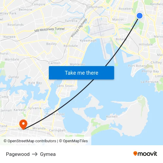 Pagewood to Gymea map