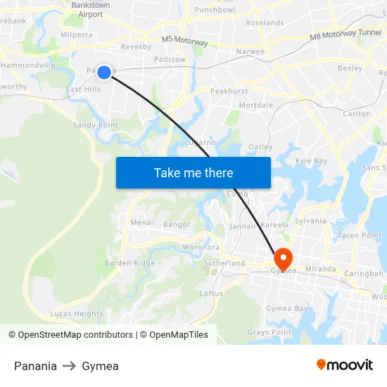 Panania to Gymea map