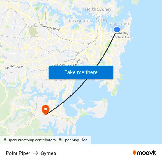 Point Piper to Gymea map