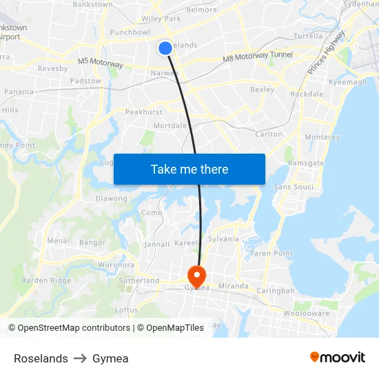 Roselands to Gymea map