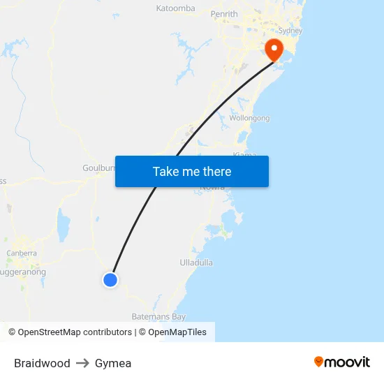 Braidwood to Gymea map