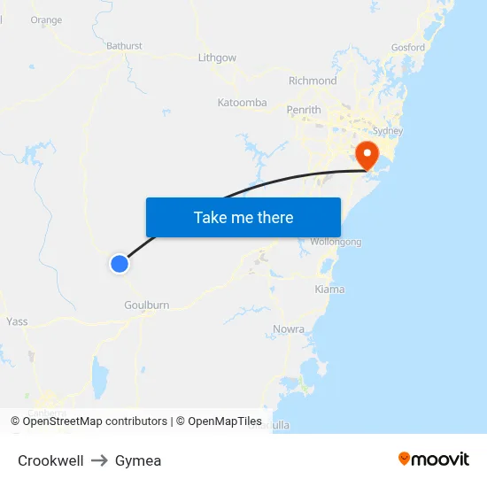 Crookwell to Gymea map