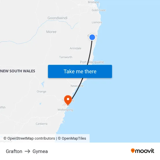 Grafton to Gymea map
