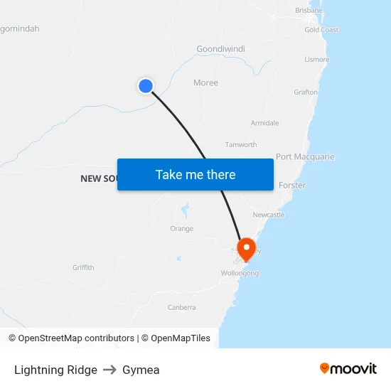 Lightning Ridge to Gymea map