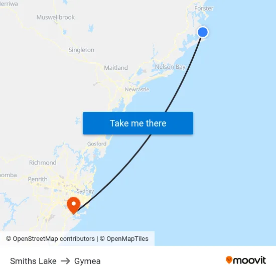 Smiths Lake to Gymea map