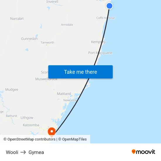Wooli to Gymea map