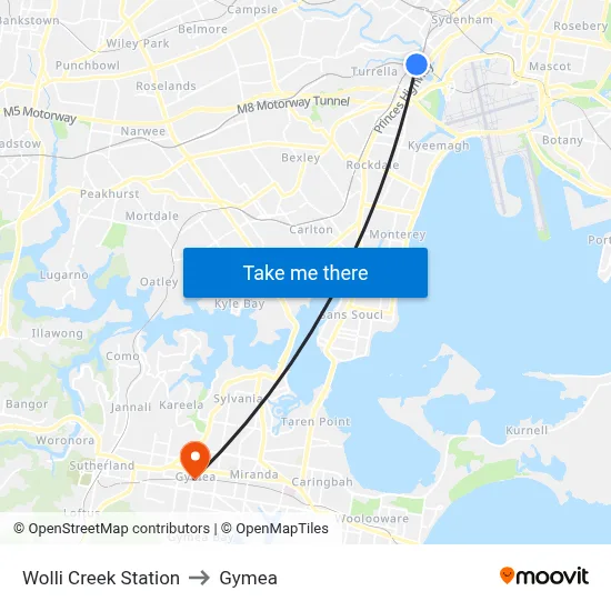 Wolli Creek Station to Gymea map