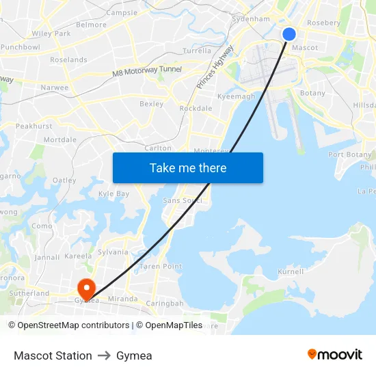 Mascot Station to Gymea map