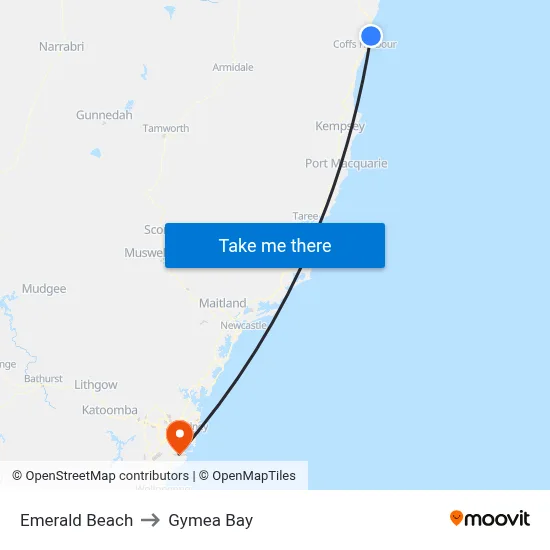 Emerald Beach to Gymea Bay map