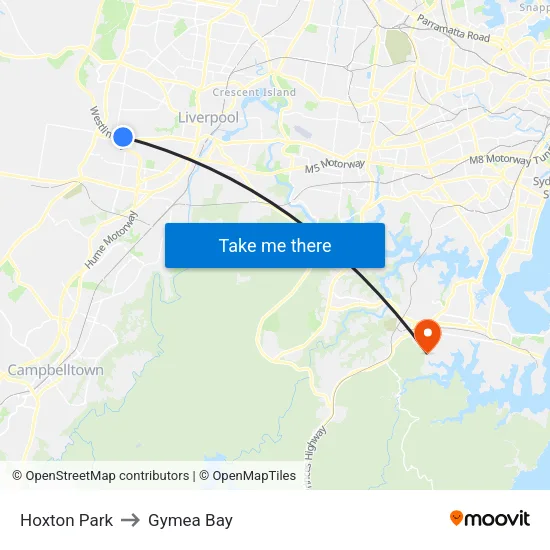Hoxton Park to Gymea Bay map