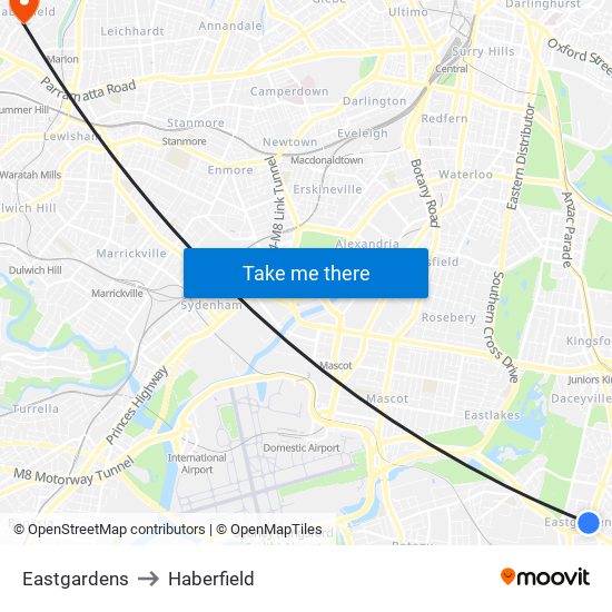 Eastgardens to Haberfield map