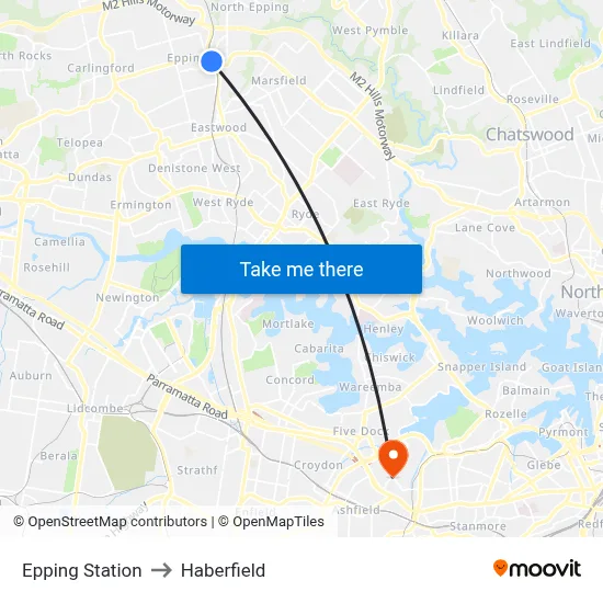 Epping Station to Haberfield map
